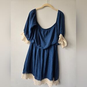 Orange Creek Blue Cotton Dress Lace Hem